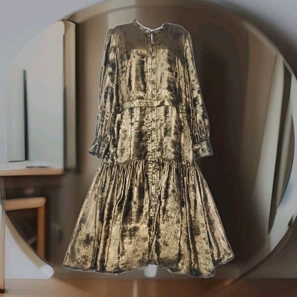 la Joie 18W Button Front Closure Gold Tiered Free Flowing Midi or Maxi Dress - Picture 2 of 15